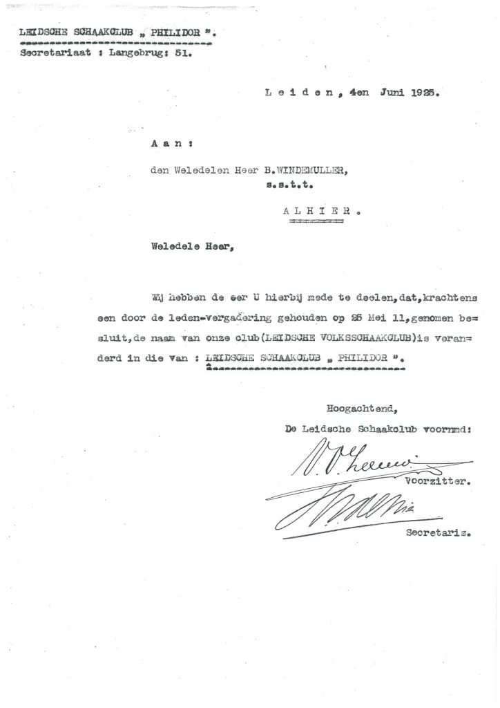 brief met naamswijzigingPhilidor uit 1925